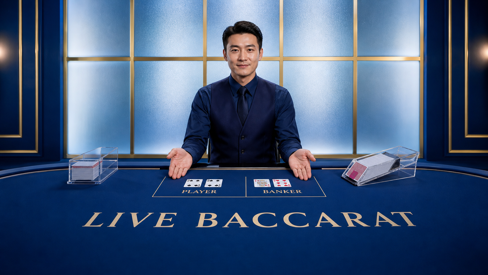 Live baccarat dealer at a blue Player and Banker table labelled Live Baccarat