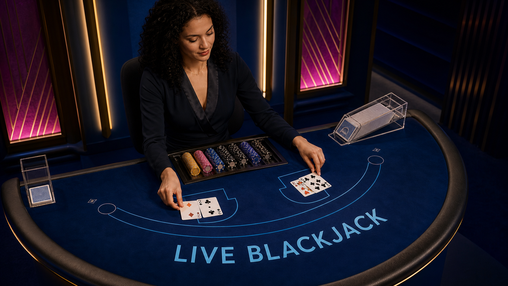 Live blackjack dealer at a blue table labelled Live Blackjack