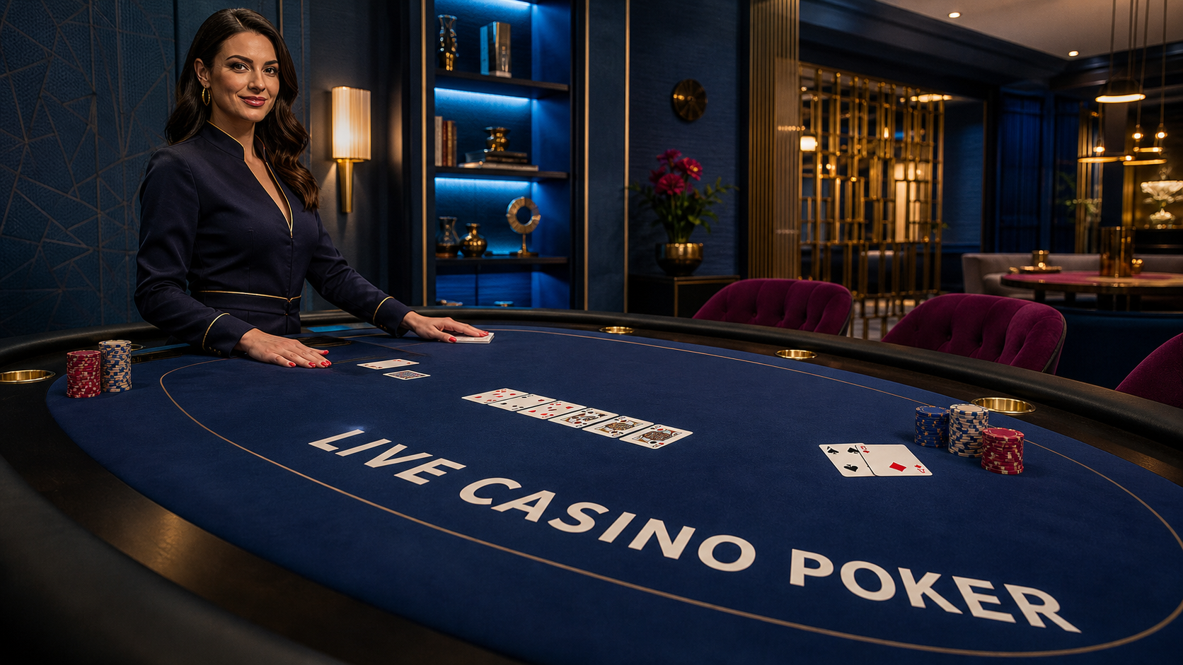 Live casino poker dealer at a blue table labelled Live Casino Poker