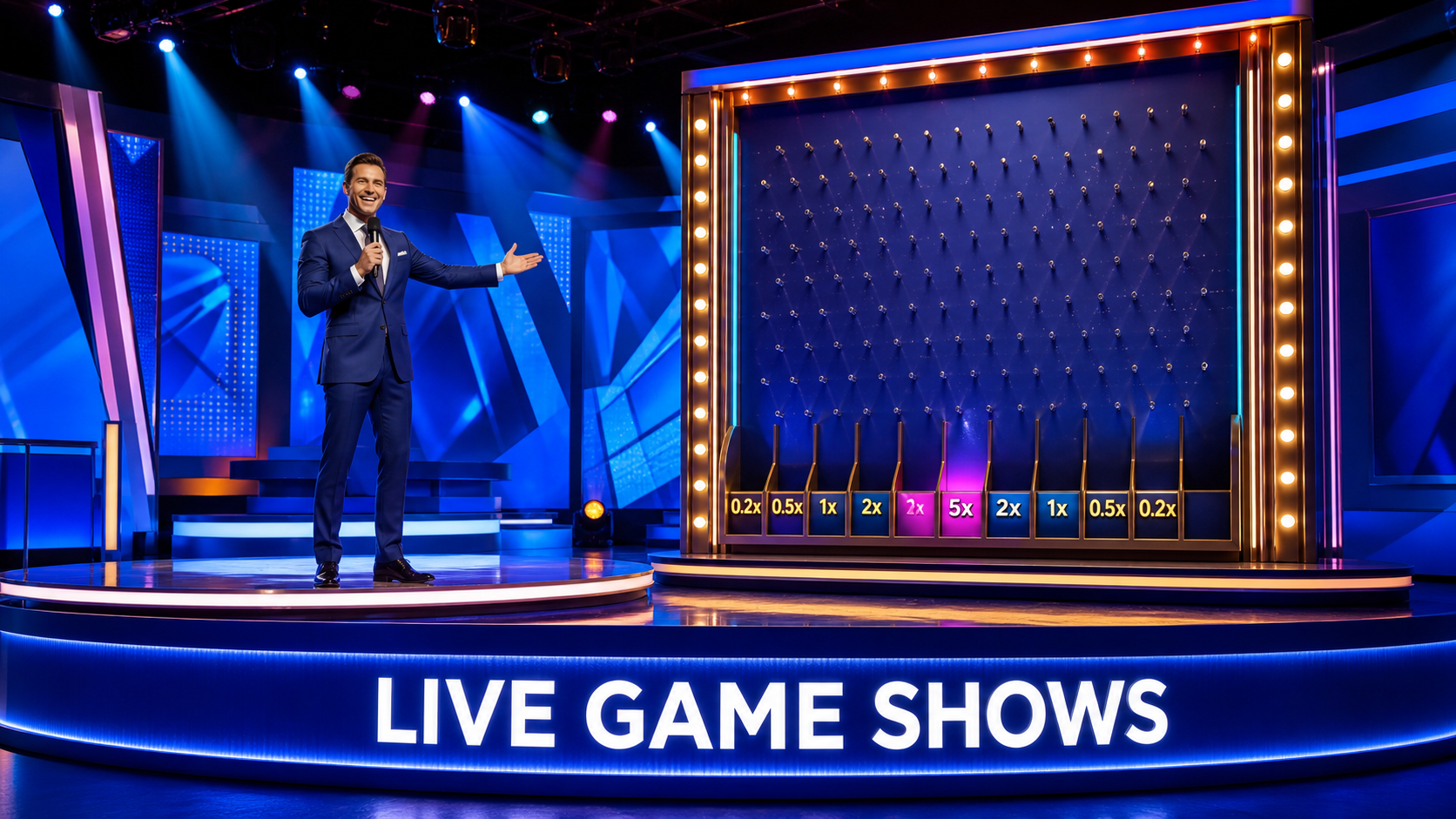 Live game show presenter beside a multiplier wall on a stage labelled Live Game Shows