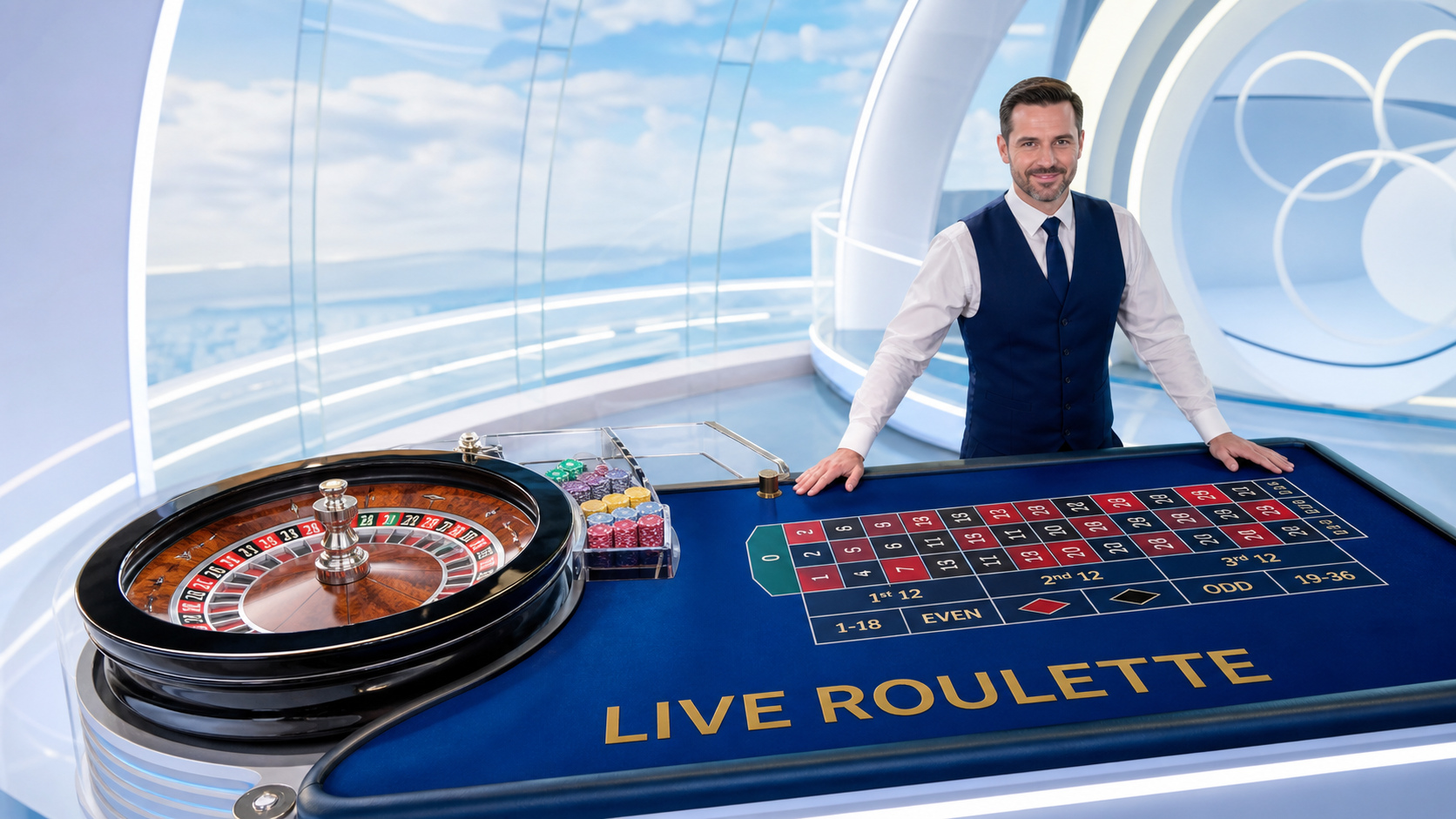 Live roulette dealer at a blue table labelled Live Roulette