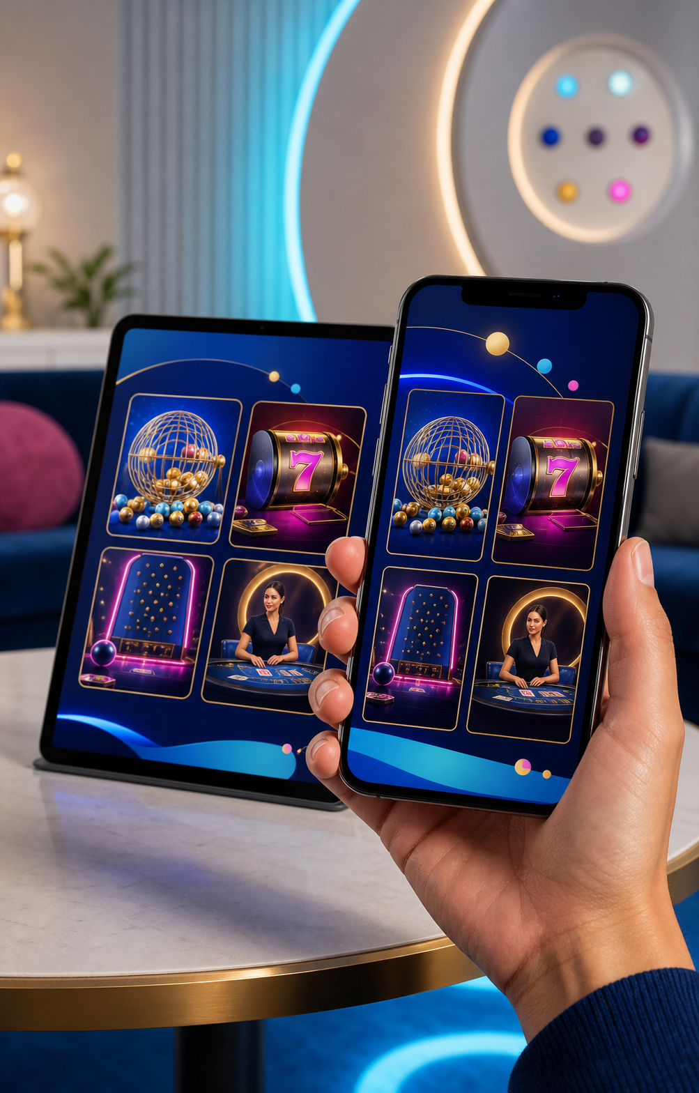 Smartphone and tablet displaying bingo, slots and live casino categories