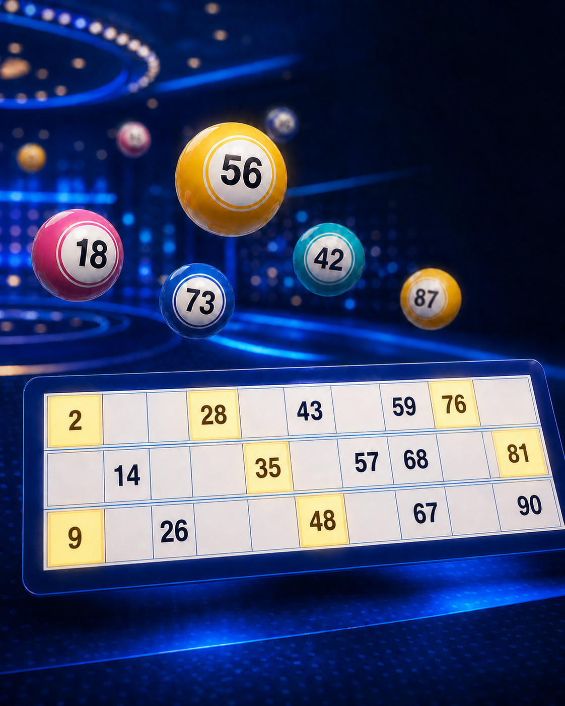 A 90-ball online bingo ticket with automatically marked numbers and coloured bingo balls